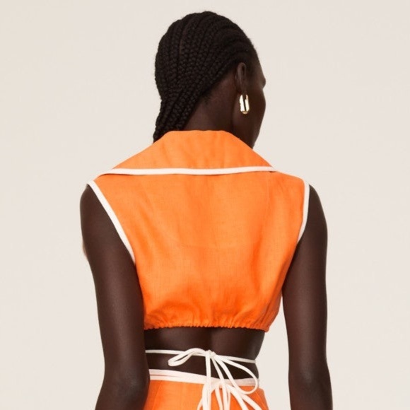 Matthew Bruch - Tie Waist Crop Top - Orange White Linen - Sz 4- RTR - Picture 3 of 13